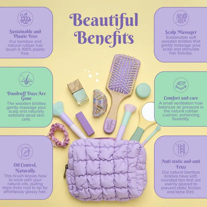 Hair care products with text highlighting benefits on a yellow background featuring Love Cocobo bamboo natural hair brush