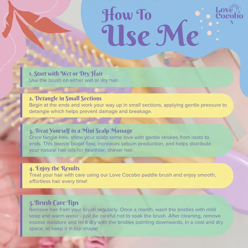 Instructions on how to use a paddle brush with Love Cocobo branding.