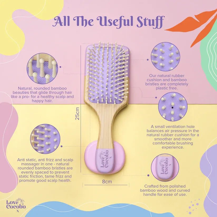 Hairbrush with product details on a colorful background