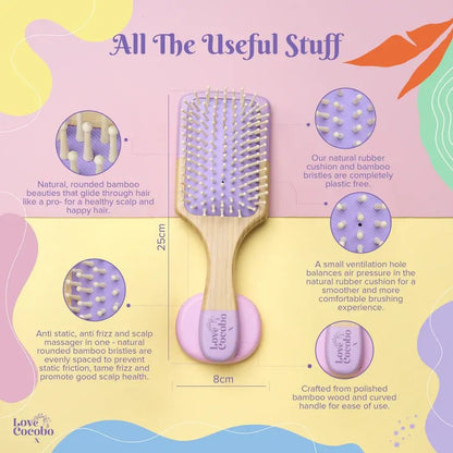 Hairbrush with product details on a colorful background