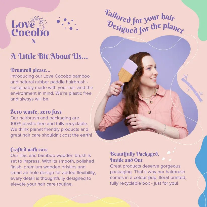 Advertisement for Love Cocobo bamboo and natural rubber paddle hairbrush with a woman using the brush.