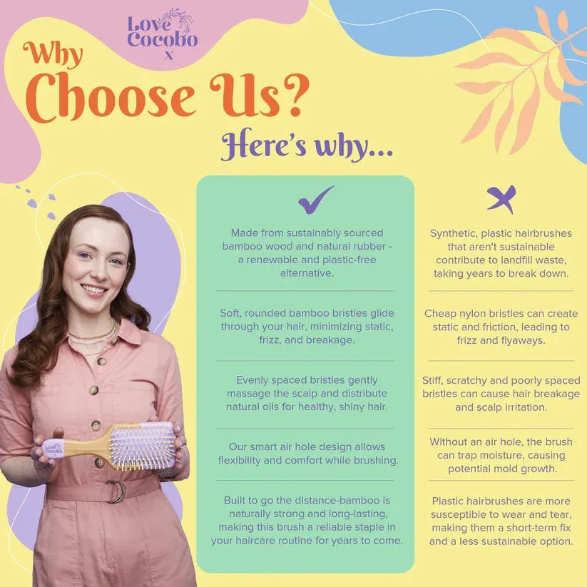 Promotional graphic for a hairbrush with sustainability benefits on a colorful background