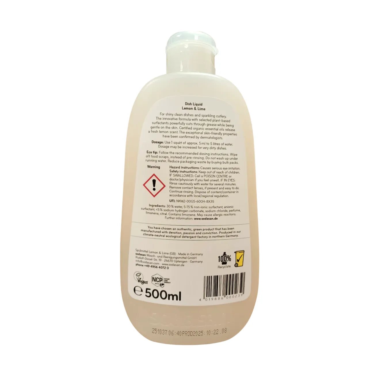 Dish Liquid Lemon and Lime 500ml - Sodasan - Dish Detergent & Soap - Sodasan