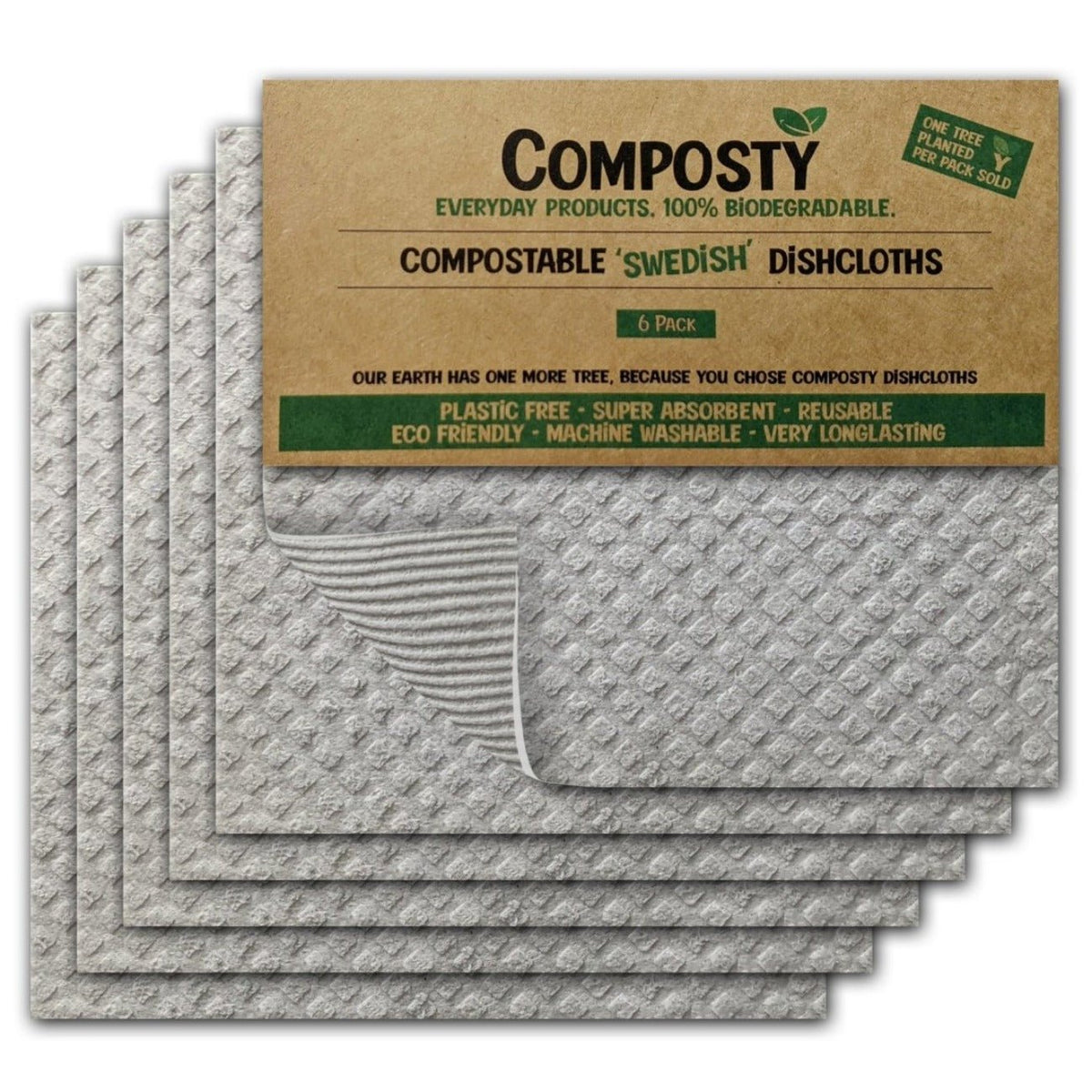 Dishcloths Compostable Swedish Grey 6 Pack - Composty - Cotton Cloths - Eco Natural Products