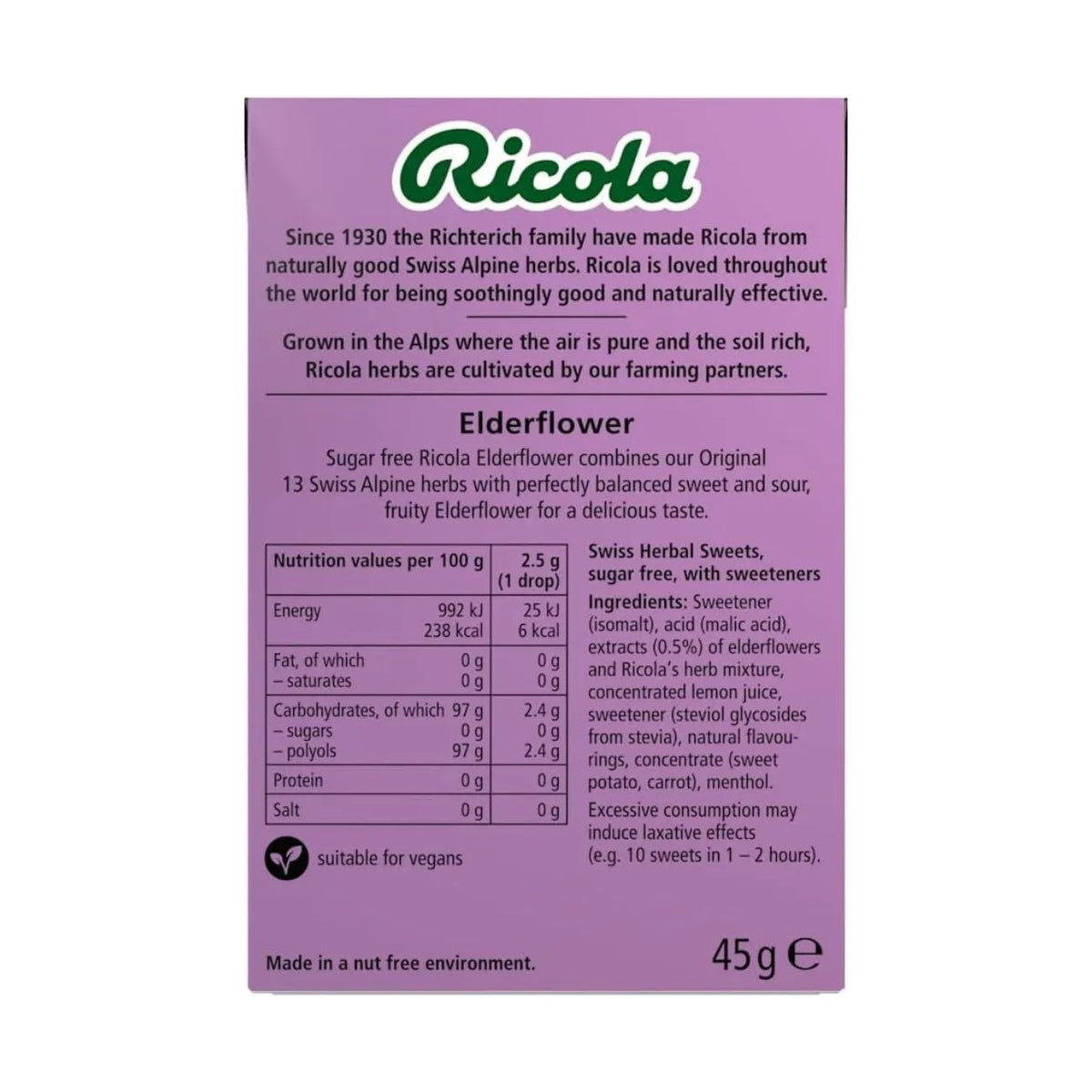 Elderflower Sugar Free with Stevia Swiss Herbal Sweets 45g - Ricola - Herbal Sweets - Ricola