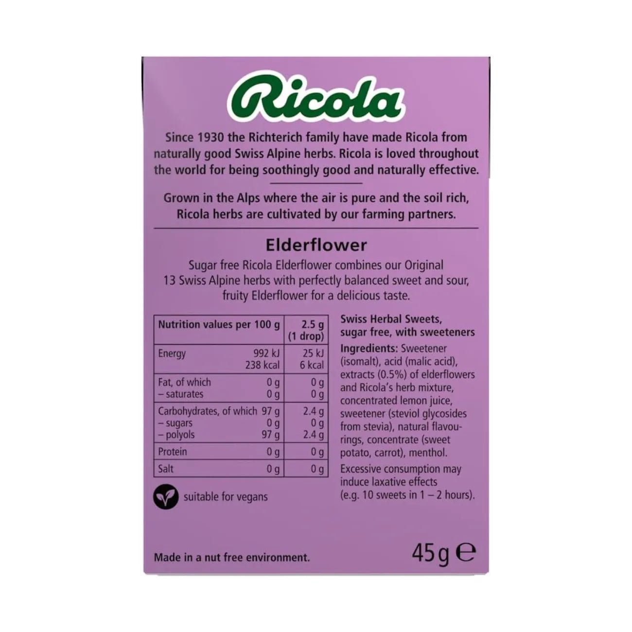 Elderflower Sugar Free with Stevia Swiss Herbal Sweets 45g - Ricola - Herbal Sweets - Ricola