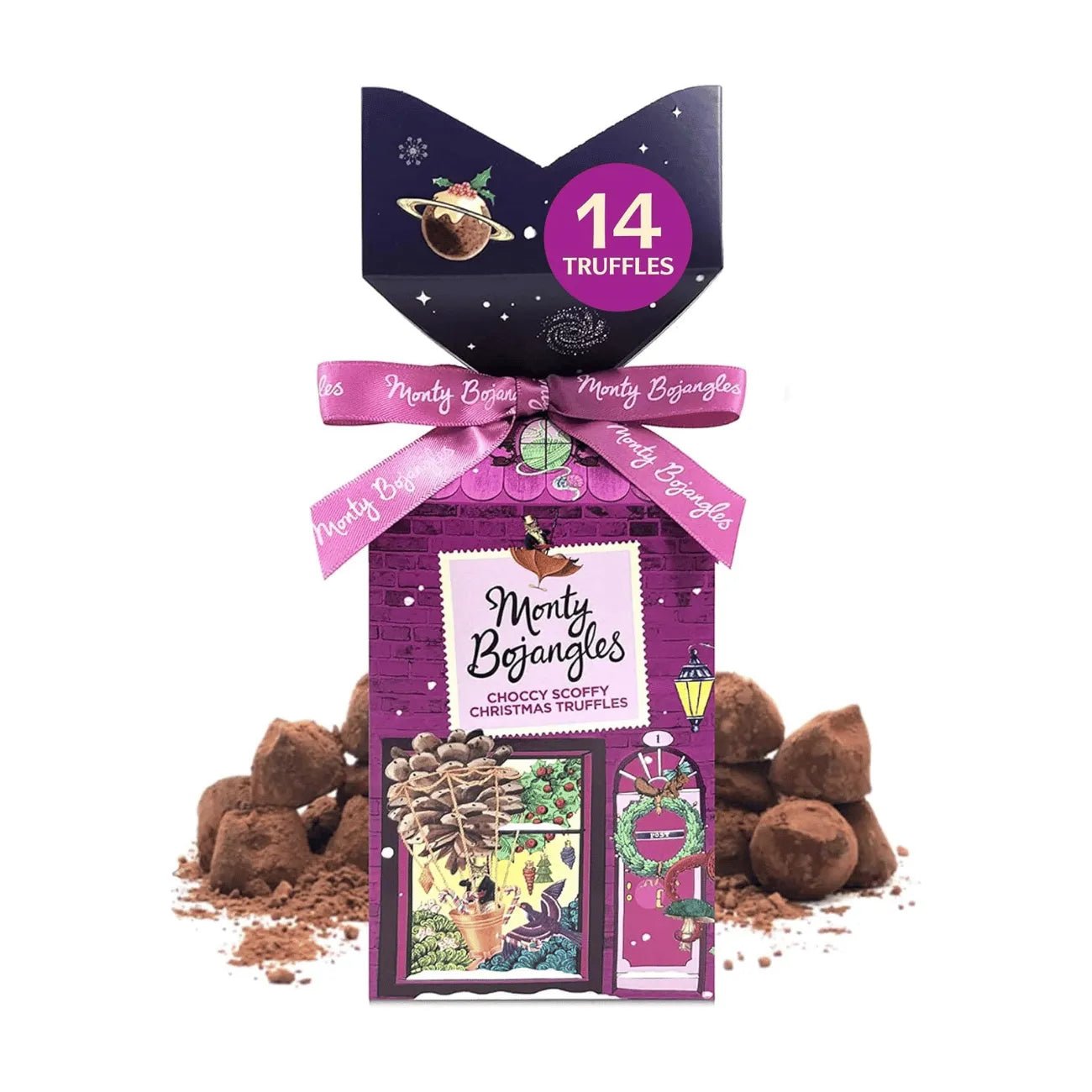 Mandy Bojangles chocolate truffles packaging with truffles on a white background