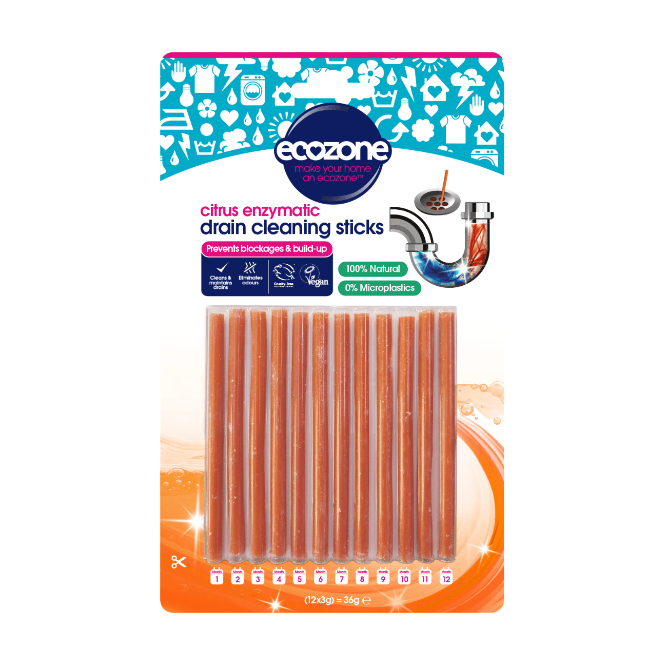 Enzymatic Drain Cleaning Citrus 12 Sticks - Ecozone - Drainage Unblocker - Ecozone