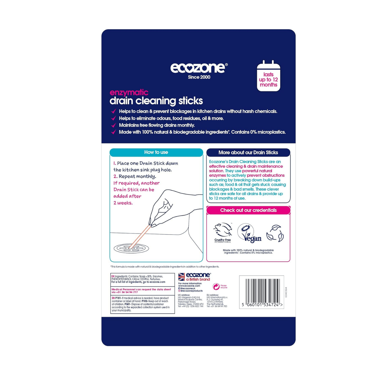 Enzymatic Drain Cleaning Citrus 12 Sticks - Ecozone - Drainage Unblocker - Ecozone