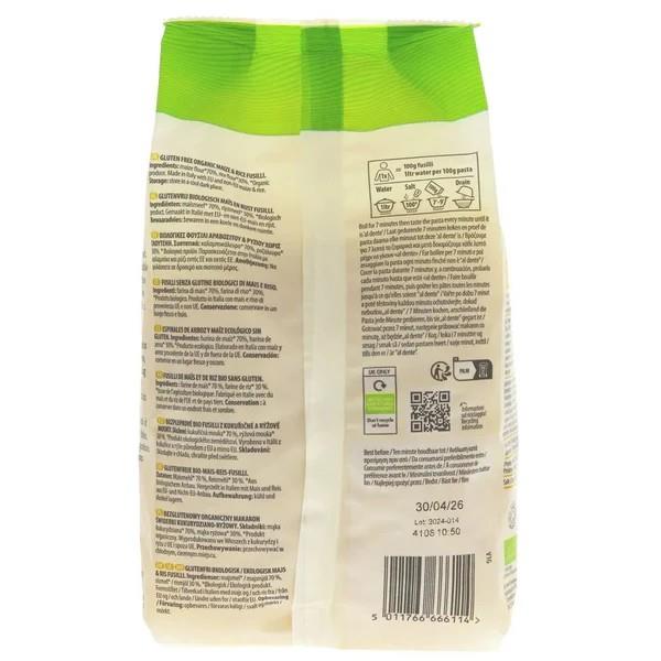 Organic Maize and Rice Fusilli Gluten Free Pasta 500g Taped Split To Top Of Packaging.