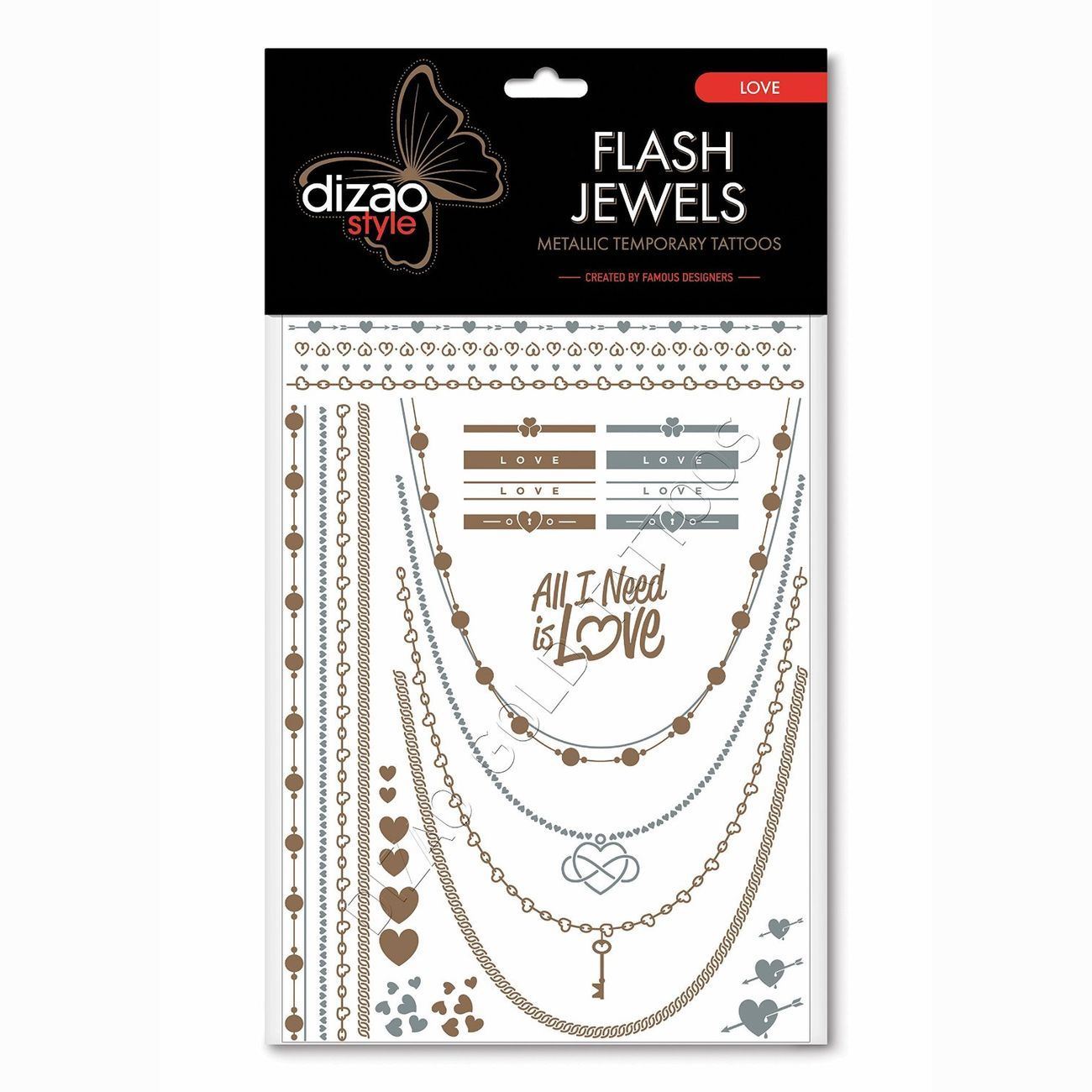 Dizao Style Flash Jewels Gold Metallic Temporary Tattoos Love