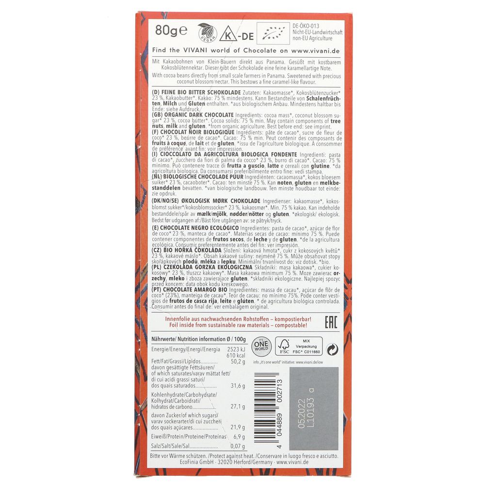 Fine Dark 75% Panama Chocolate with Coconut Blossom 80g - Vivani - Chocolate Bar - Eco Natural Products