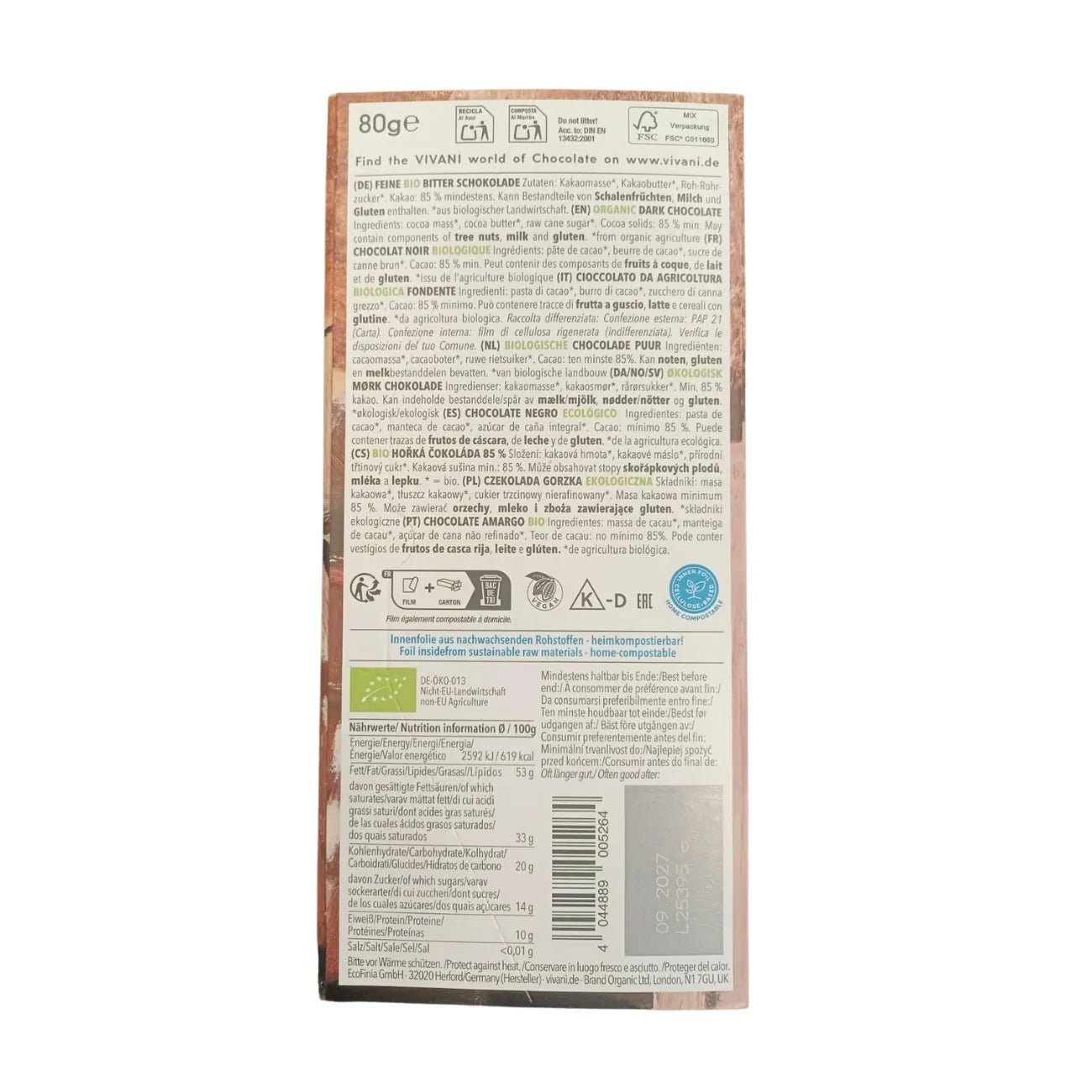 Fine Dark Chocolate with 85% Cocoa 80g - Vivani - Chocolate Bar - Vivani