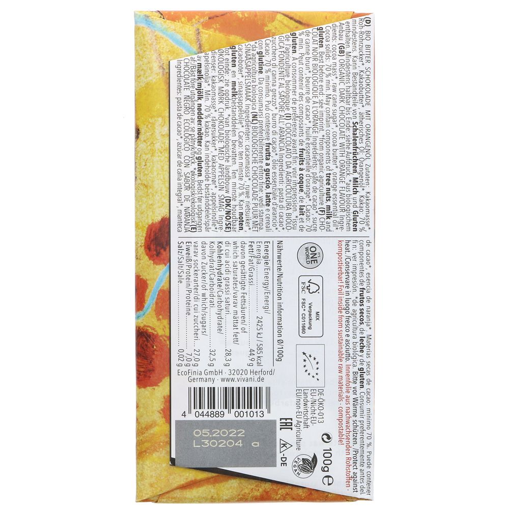 Fine Dark Orange 70% Chocolate 100g - Vivani - Chocolate Bar - Eco Natural Products