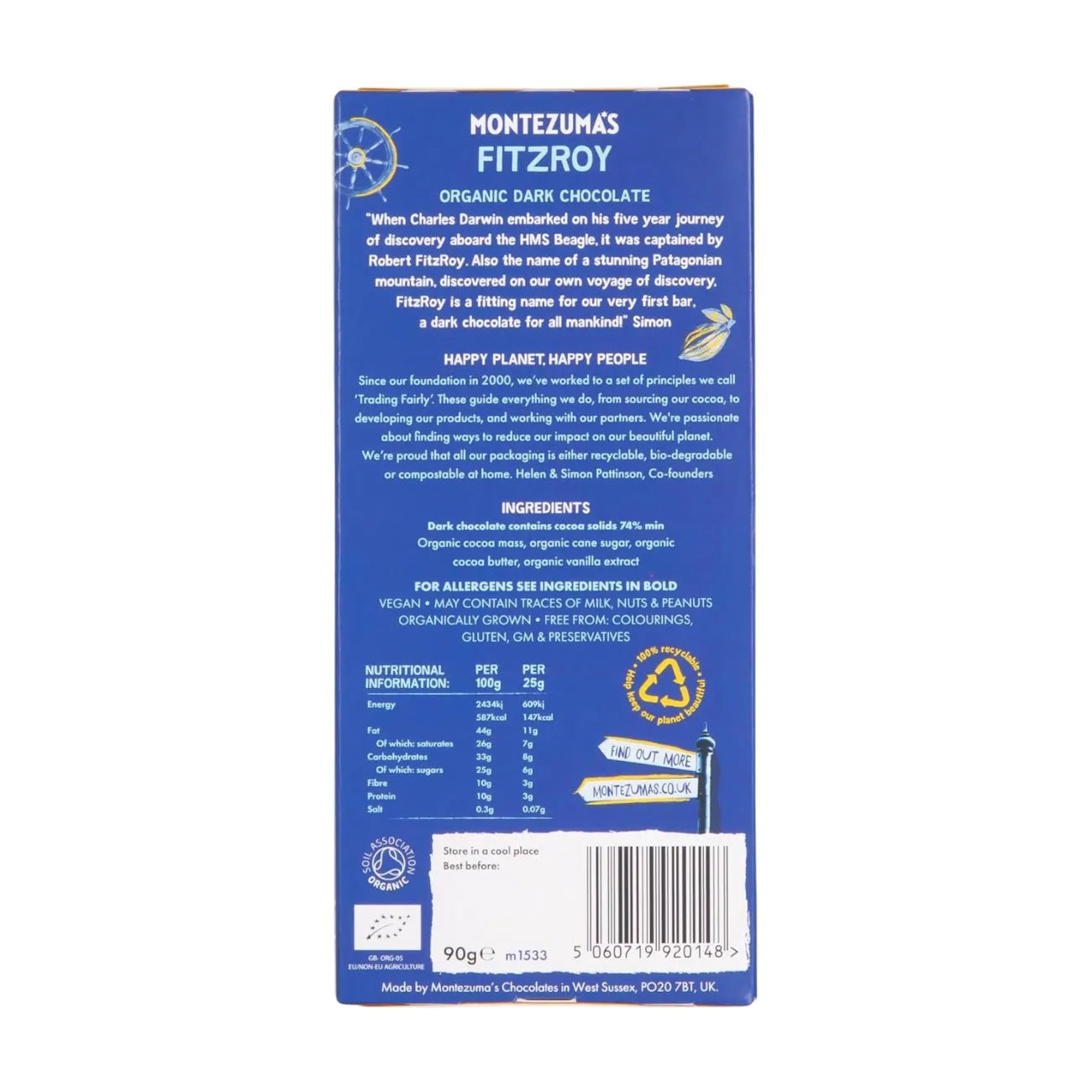FitzRoy 74% Dark Chocolate Bar Organic 90g - Montezumas Chocolate - Chocolate Bar - Montezumas Chocolate
