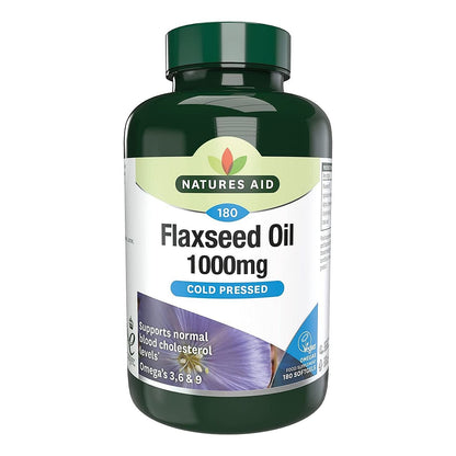 Flaxseed Oil Cold - Pressed Omega 3, 6 & 9 180 Softgels - Natures Aid - Vitamins & Supplements - Eco Natural Products