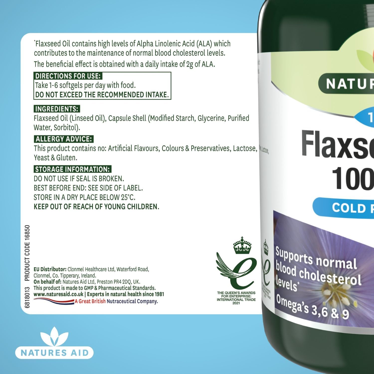 Flaxseed Oil Cold - Pressed Omega 3, 6 & 9 180 Softgels - Natures Aid - Vitamins & Supplements - Eco Natural Products
