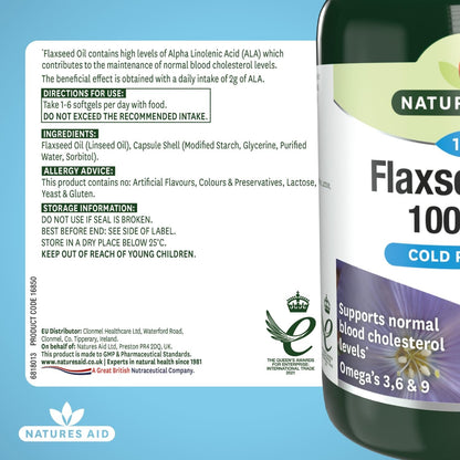 Flaxseed Oil Cold - Pressed Omega 3, 6 & 9 180 Softgels - Natures Aid - Vitamins & Supplements - Eco Natural Products