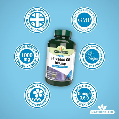 Flaxseed Oil Cold - Pressed Omega 3, 6 & 9 180 Softgels - Natures Aid - Vitamins & Supplements - Eco Natural Products