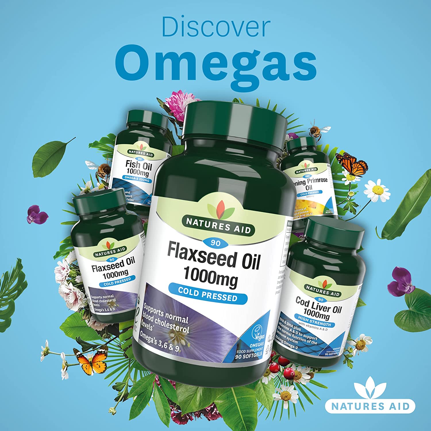 Flaxseed Oil Cold - Pressed Omega 3, 6 & 9 90 softgels - Natures Aid - Vitamins & Supplements - Eco Natural Products