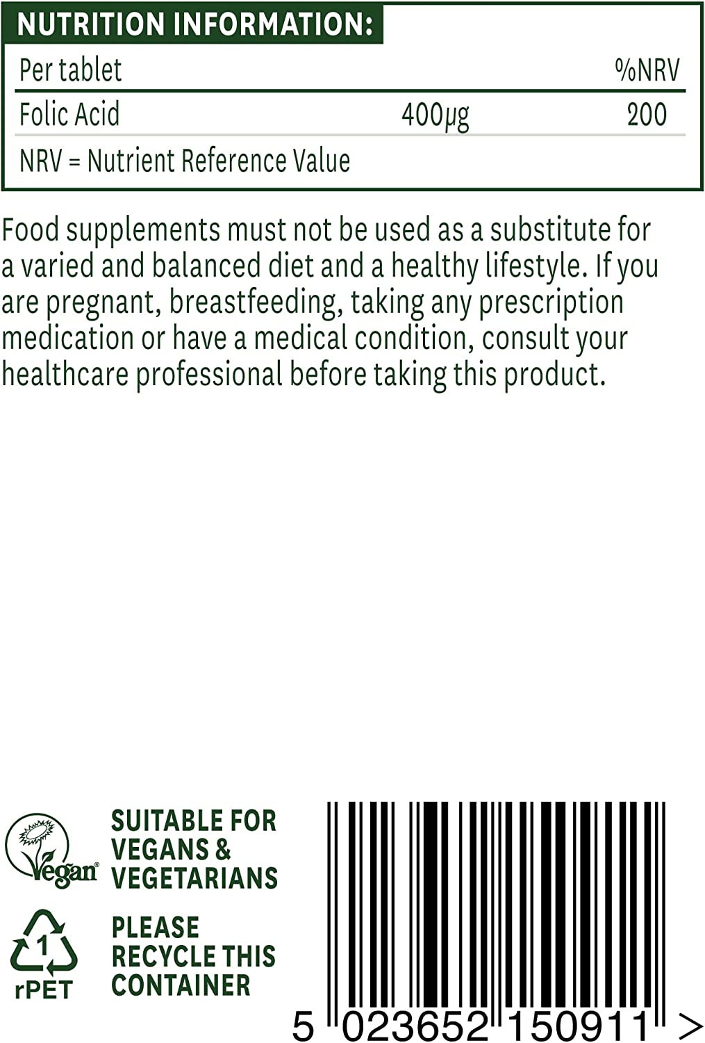 Folic Acid 400ug 90 Tablets - Eco Natural Products - Natures Aid - Vitamins & Supplements