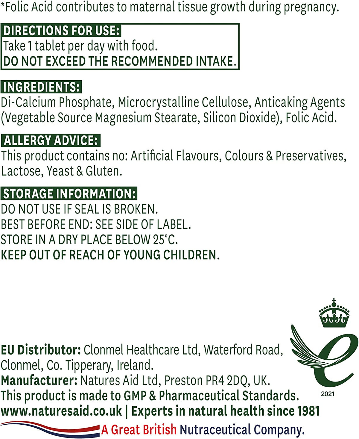 Folic Acid 400ug 90 Tablets - Natures Aid - Vitamins & Supplements - Eco Natural Products