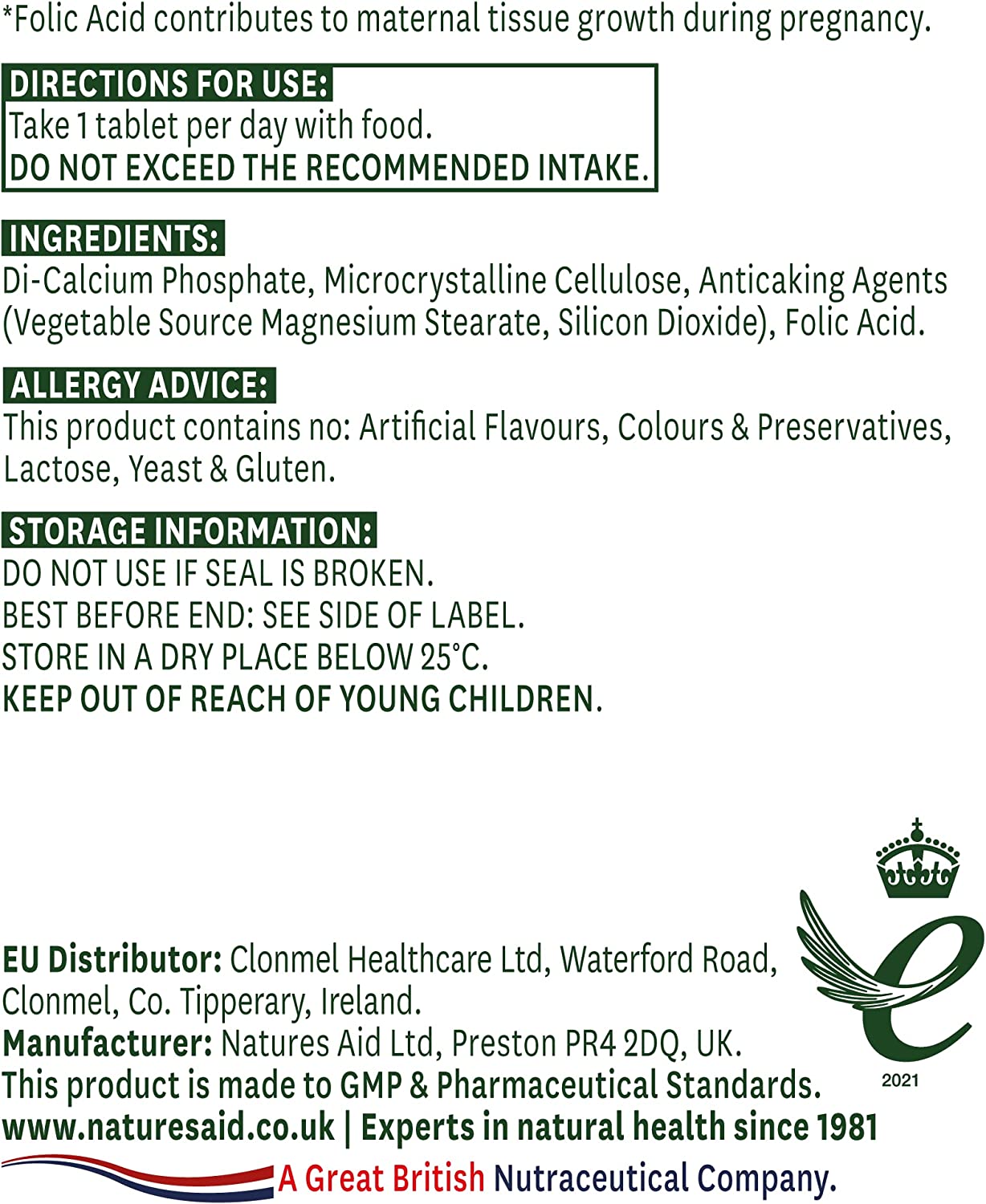 Folic Acid 400ug 90 Tablets - Natures Aid - Vitamins & Supplements - Eco Natural Products