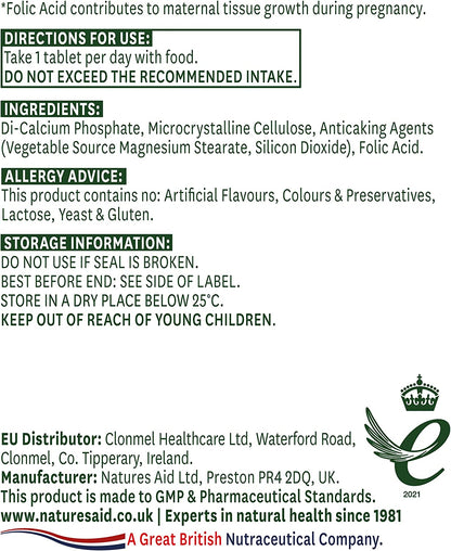 Folic Acid 400ug 90 Tablets - Natures Aid - Vitamins & Supplements - Eco Natural Products