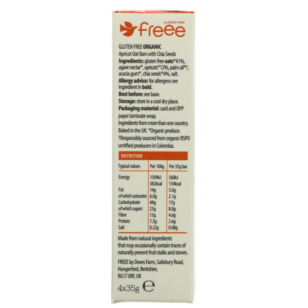 Freee Organic Apricot & Chia Seed Gluten Free Oat Bar 4x35g - Doves Farm - Oat Bars - Eco Natural Products
