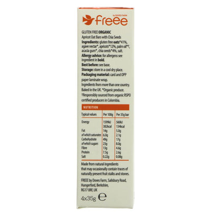 Freee Organic Apricot & Chia Seed Gluten Free Oat Bar 4x35g - Doves Farm - Oat Bars - Eco Natural Products