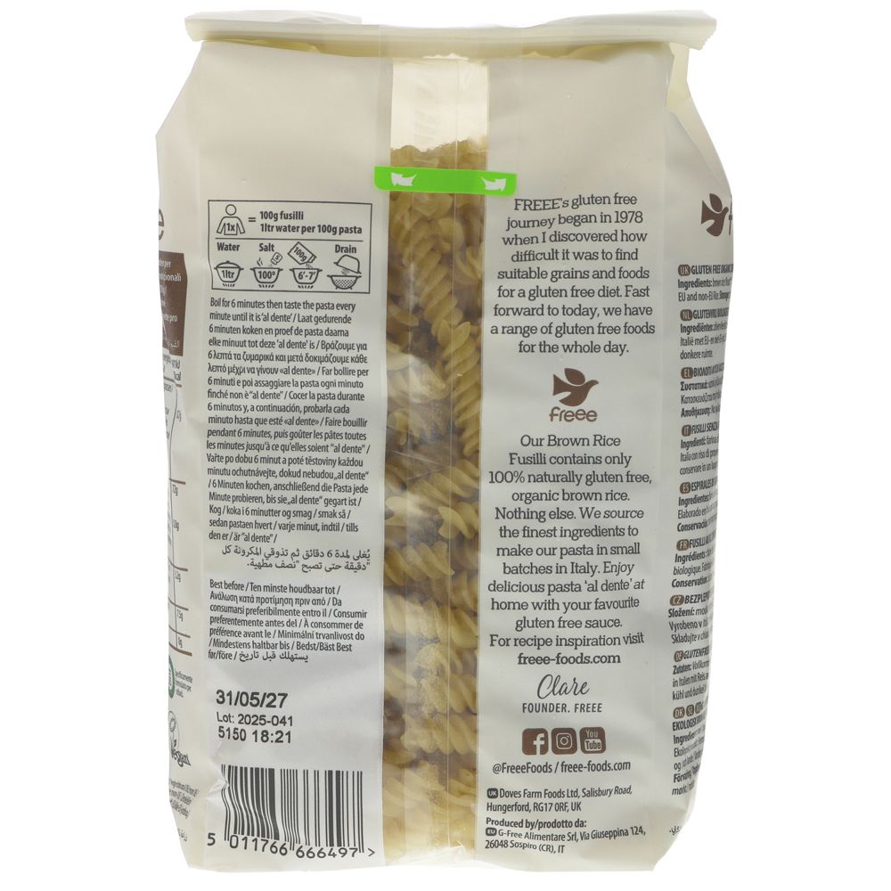 Freee Organic Brown Rice Fusilli Gluten Free Pasta 400g - Doves Farm - Pasta - Doves Farm