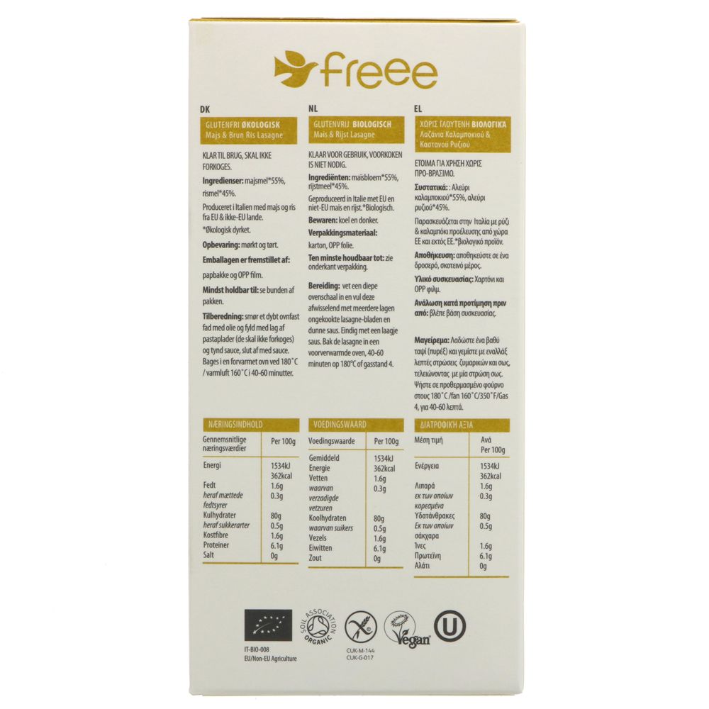 Freee Organic Maize and Rice Lasagne Gluten Free Pasta 250g - Doves Farm - Pasta - Eco Natural Products
