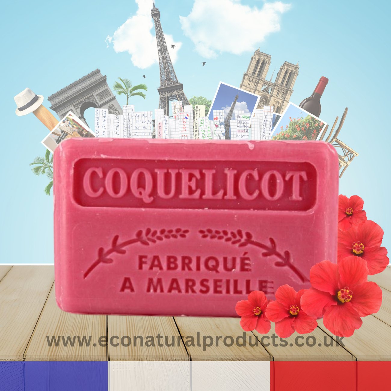 French Marseille Soap Coquelicot (Poppy) 125g - Eco Natural Products - FouFour - Savon de Marseille - Bar Soap