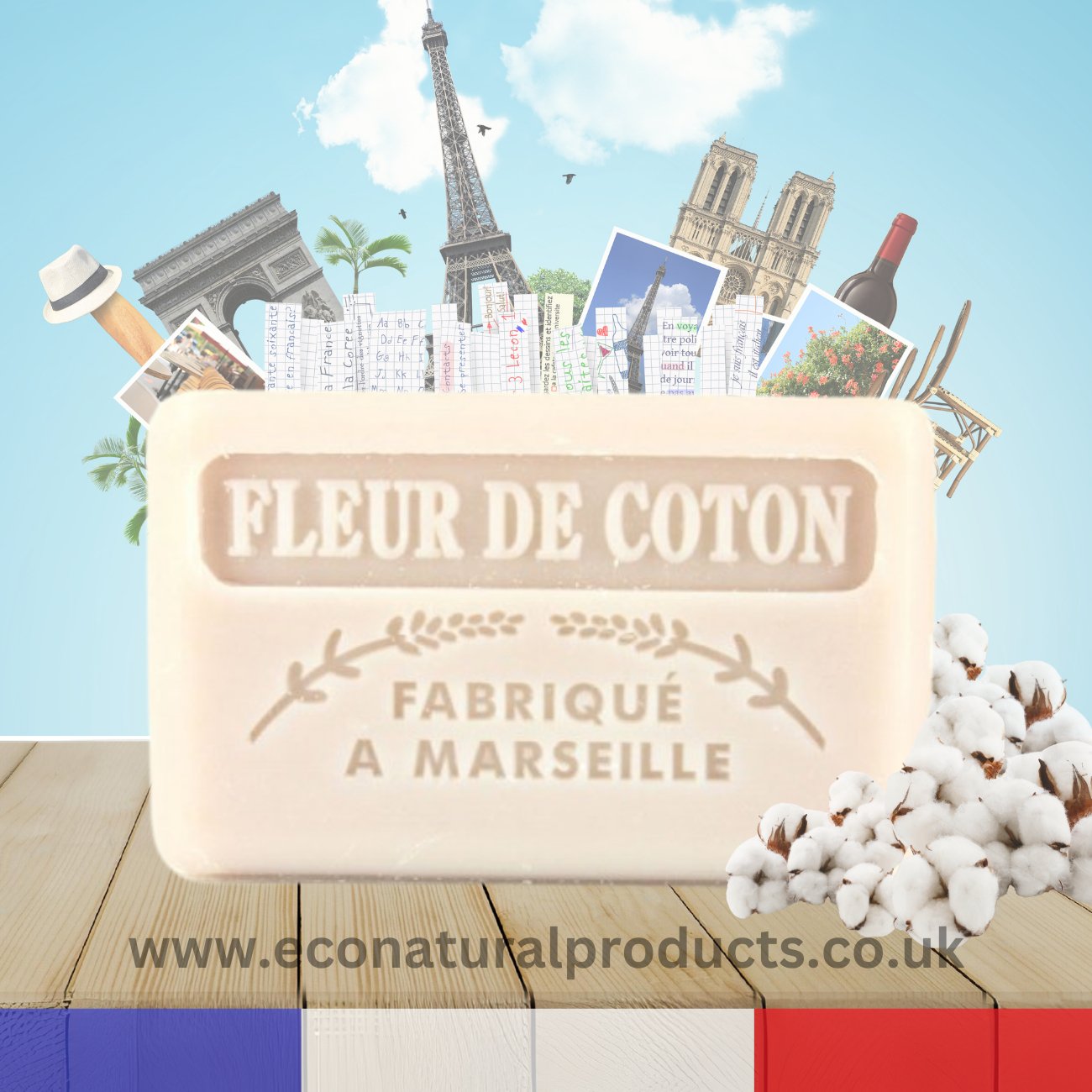 French Marseille Soap Fleur de Coton (Cotton Flower) 125g - Eco Natural Products - FouFour - Savon de Marseille - Bar Soap