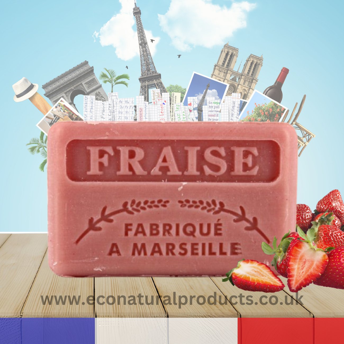 French Marseille Soap Fraise (Strawberry) 125g - Eco Natural Products - FouFour - Savon de Marseille - Bar Soap