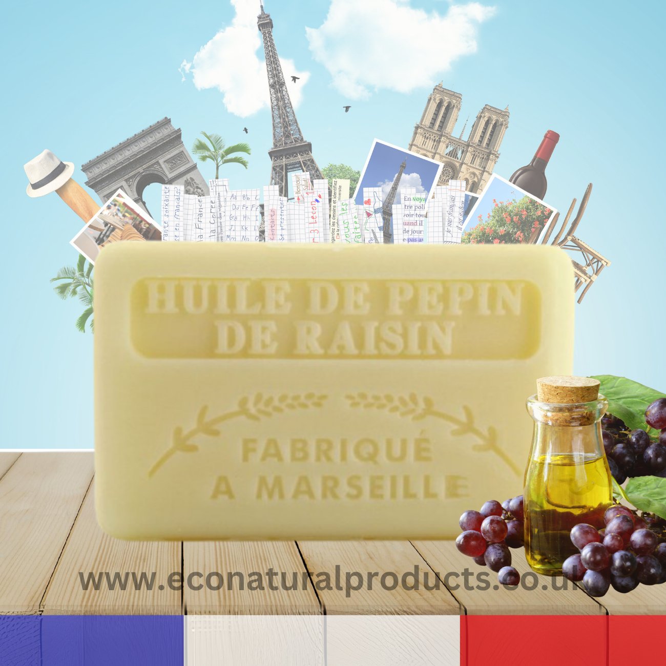 French Marseille Soap Huile de Pepin de Raisin (Grape Seed Oil) 125g - FouFour - Savon de Marseille - Bar Soap - Eco Natural Products