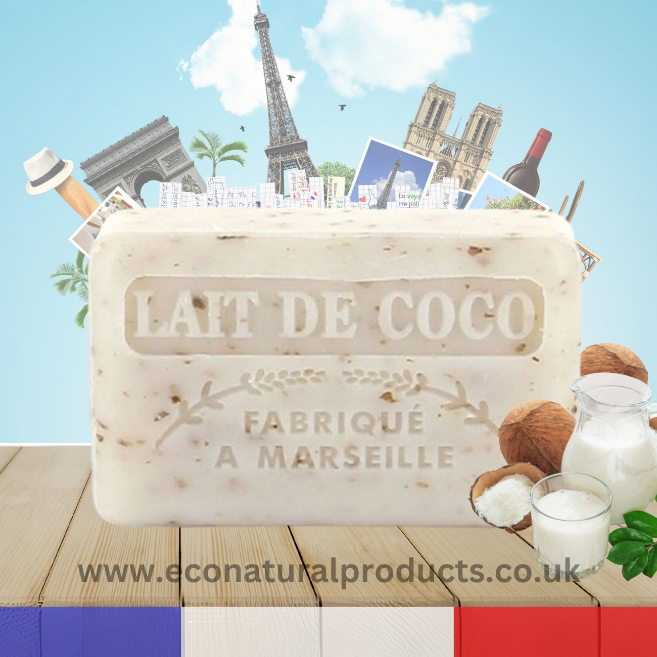 French Marseille Soap Lait de Coco (Coconut Milk) 125g - Eco Natural Products - FouFour - Savon de Marseille - Bar Soap