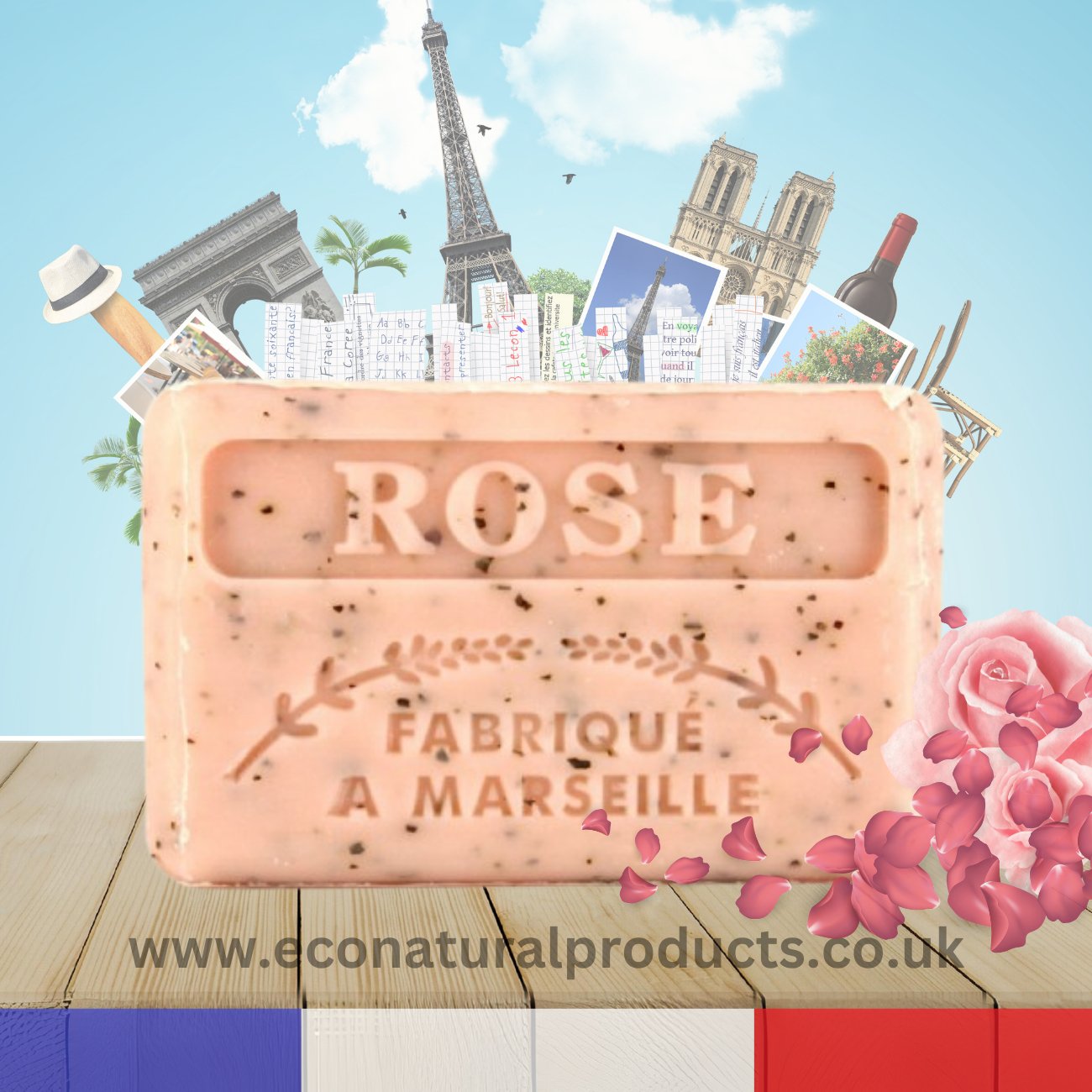 French Marseille Soap Rose Broye (Crushed rose petals) 125g - Eco Natural Products - FouFour - Savon de Marseille - Bar Soap