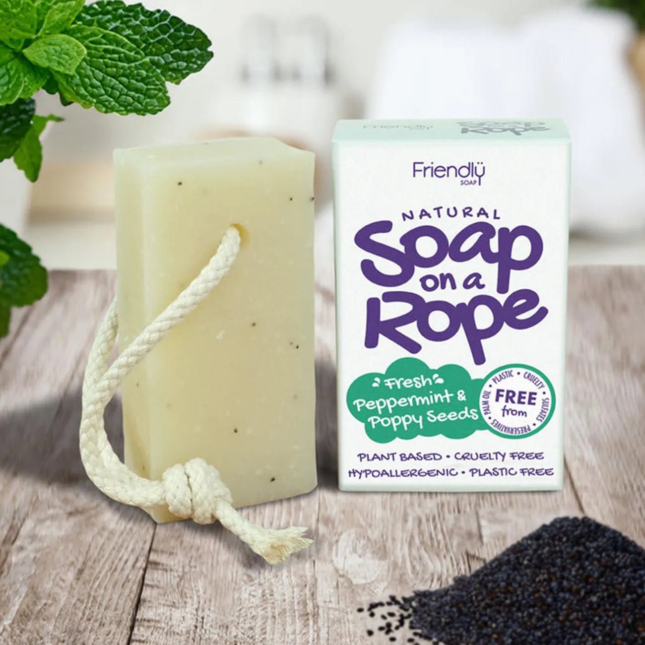 Fresh Peppermint & Poppy Seeds Soap On A Rope 125g - Friendly Soap - Bar Soap - Friendly Soap