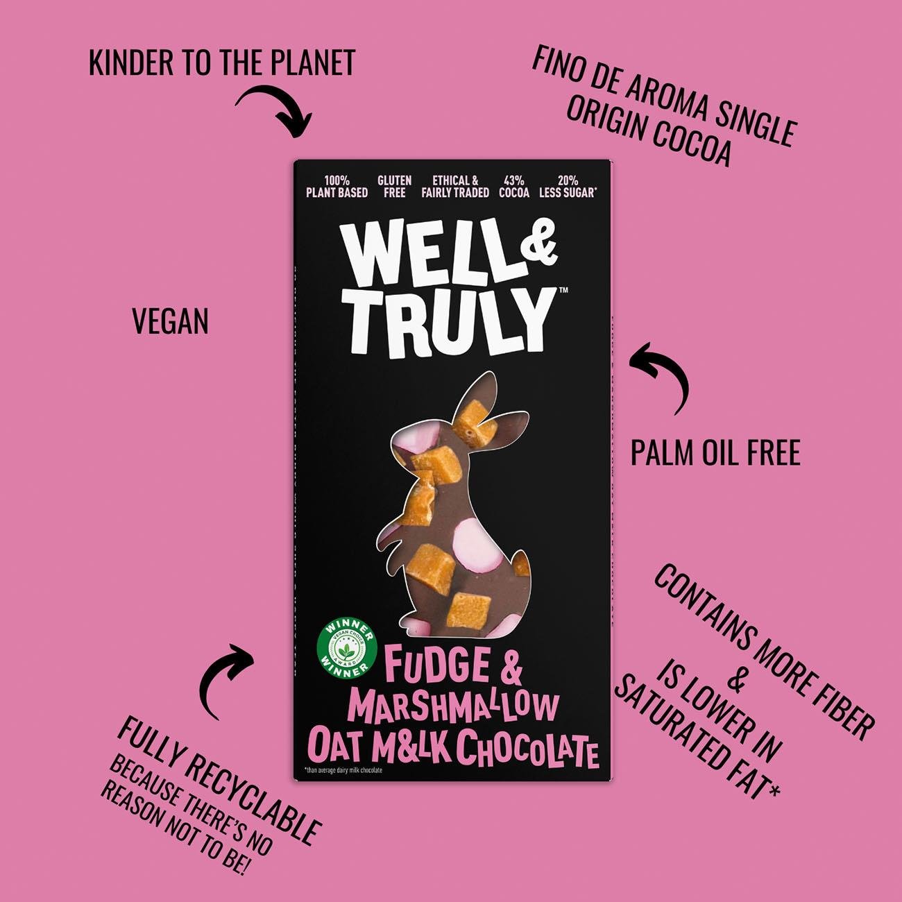 Well & Truly Fudge and Marshmallow Easter Oat M&lk Chocolate 90g vegan, palm oil free, full recyclable, contains more fibre