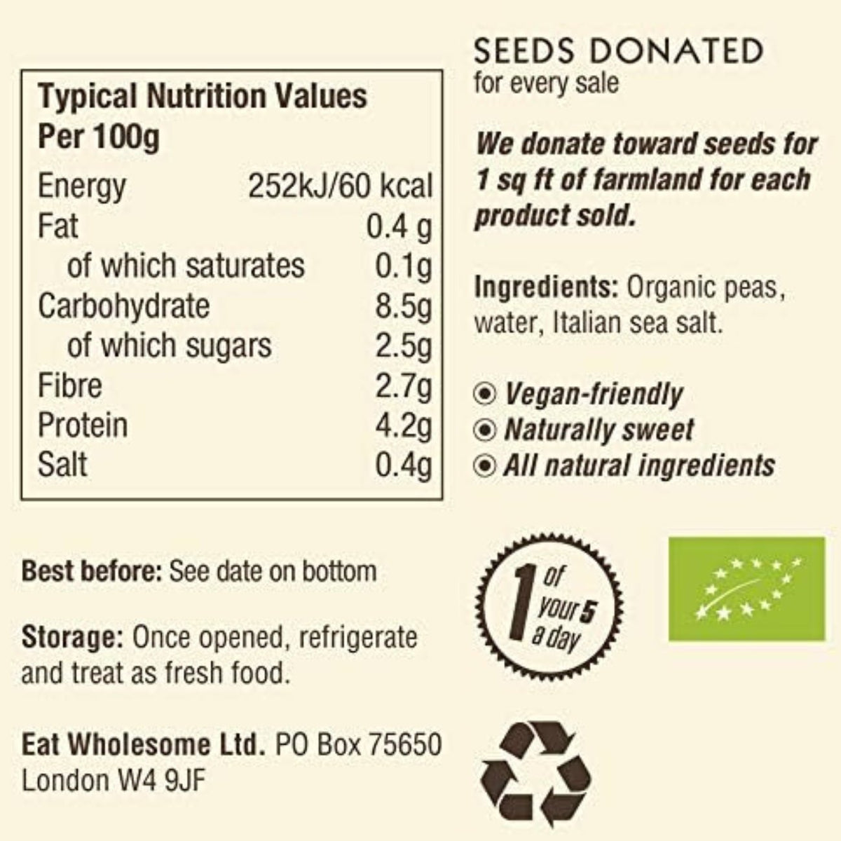 Garden Peas Organic In Season 340g - Eat Wholesome - Canned & Jarred Vegetables - Eco Natural Products