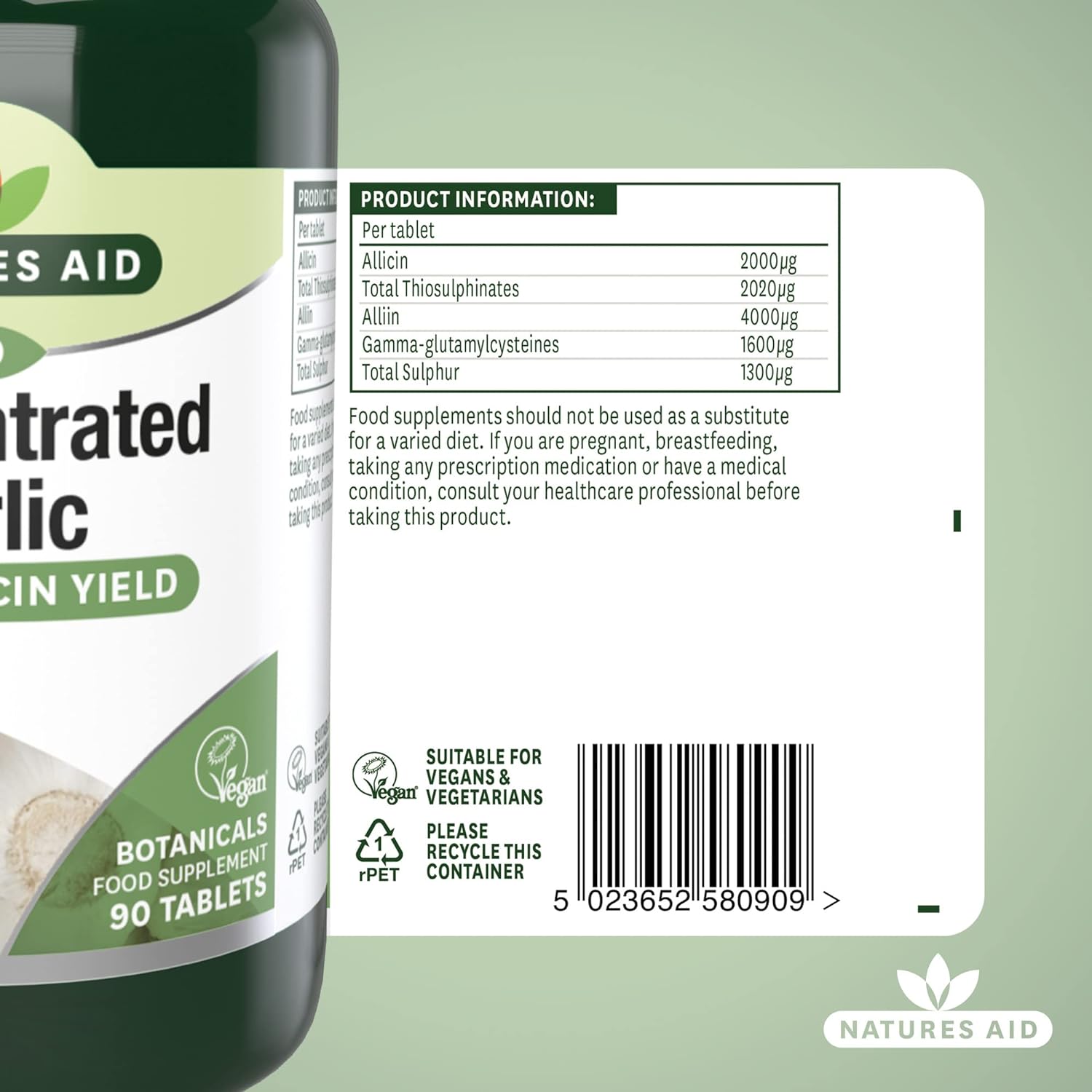 Garlic Concentrated 2000ug Allicin 90 Tablets - Natures Aid - Vitamins & Supplements - Eco Natural Products