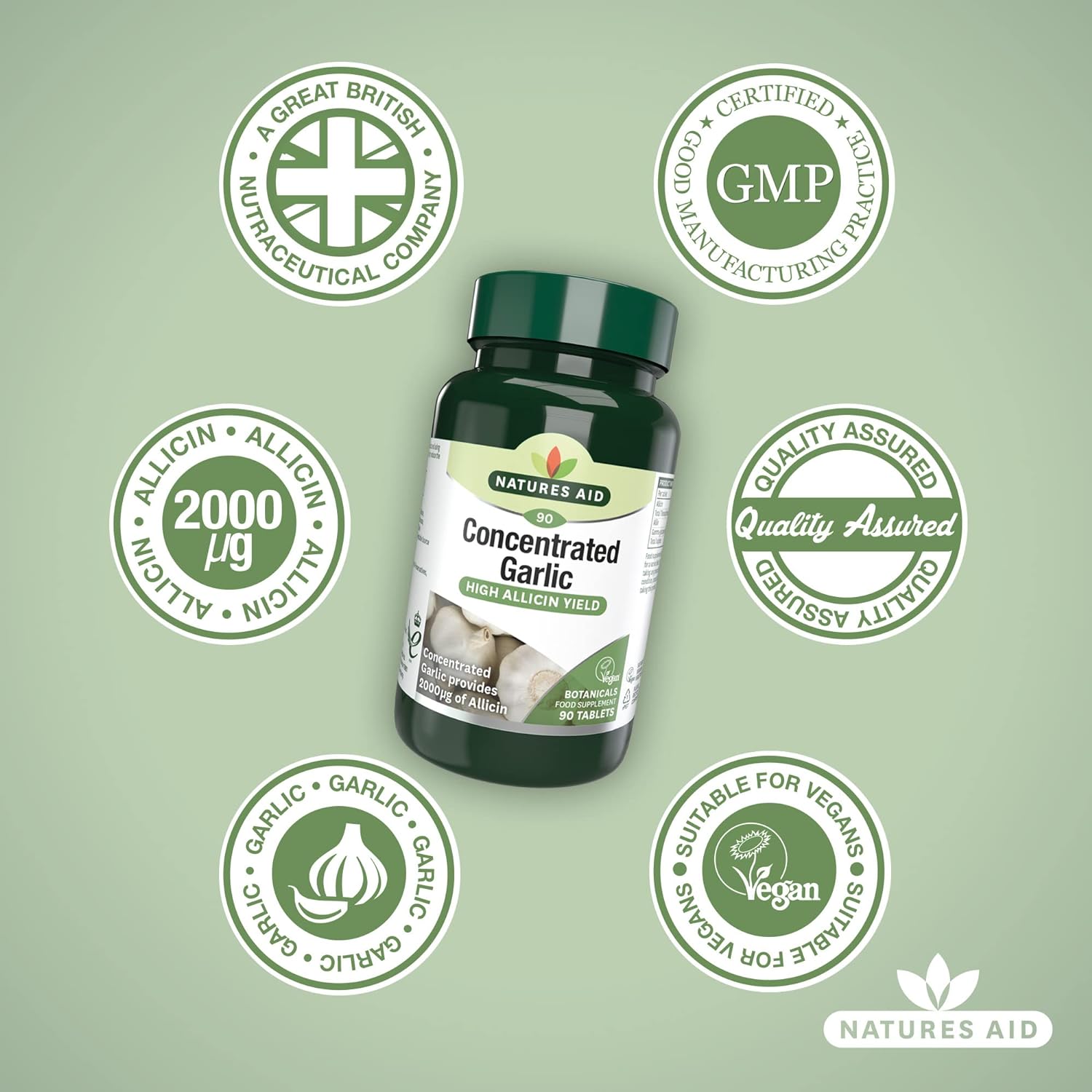 Garlic Concentrated 2000ug Allicin 90 Tablets - Natures Aid - Vitamins & Supplements - Eco Natural Products