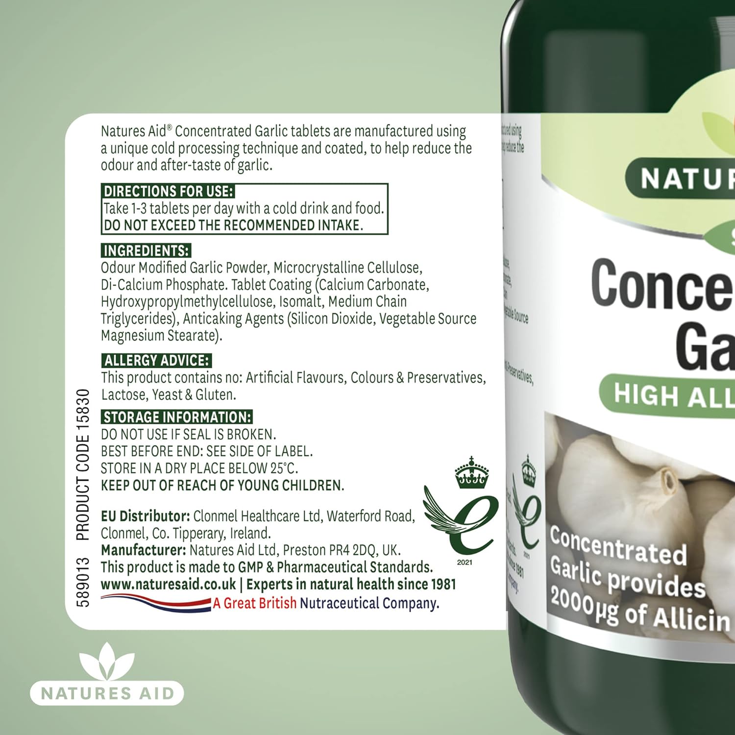 Garlic Concentrated 2000ug Allicin 90 Tablets - Eco Natural Products - Natures Aid - Vitamins & Supplements