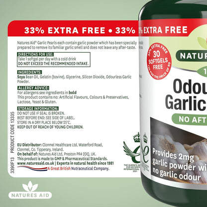 Garlic Pearls (Odourless) 120 Softgels - Natures Aid - Vitamins & Supplements - Eco Natural Products