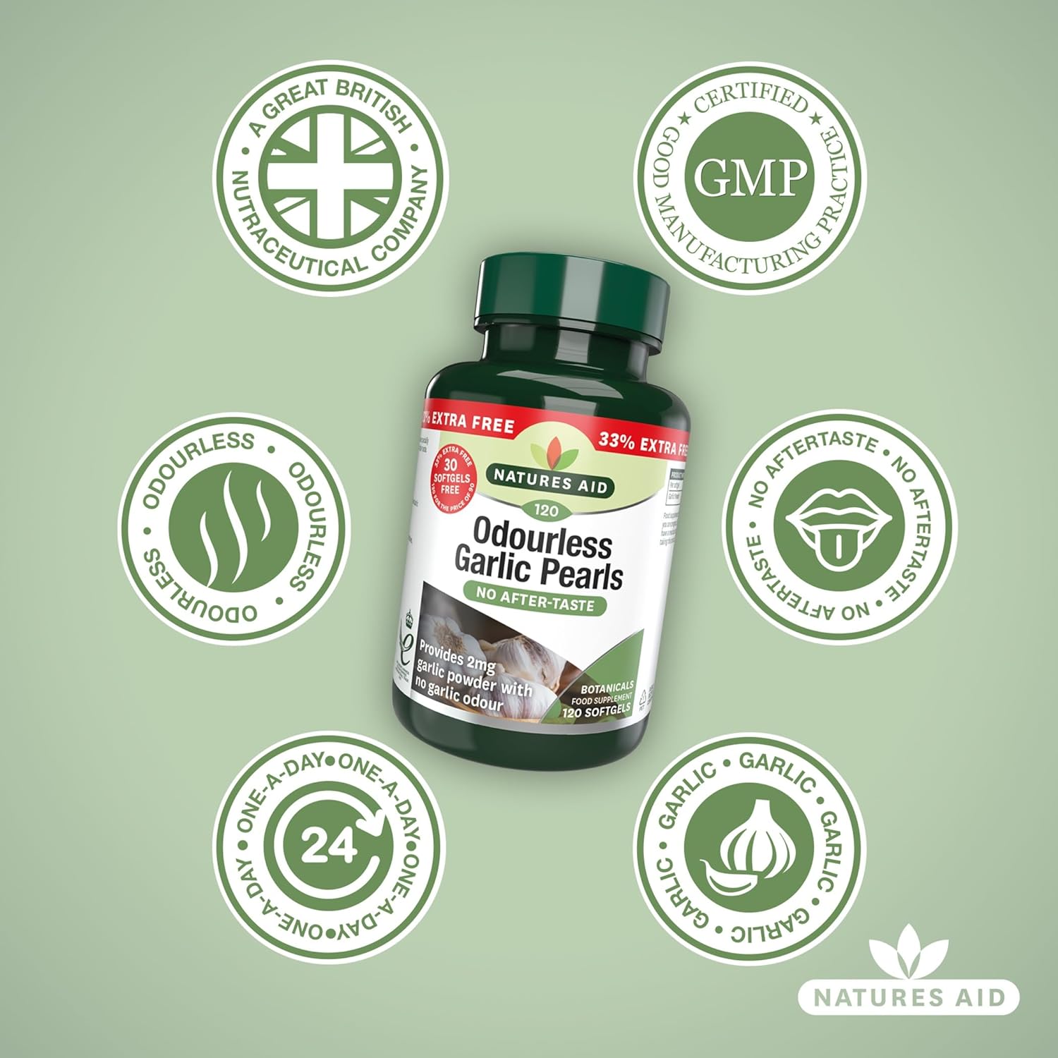 Garlic Pearls (Odourless) 120 Softgels - Natures Aid - Vitamins & Supplements - Eco Natural Products