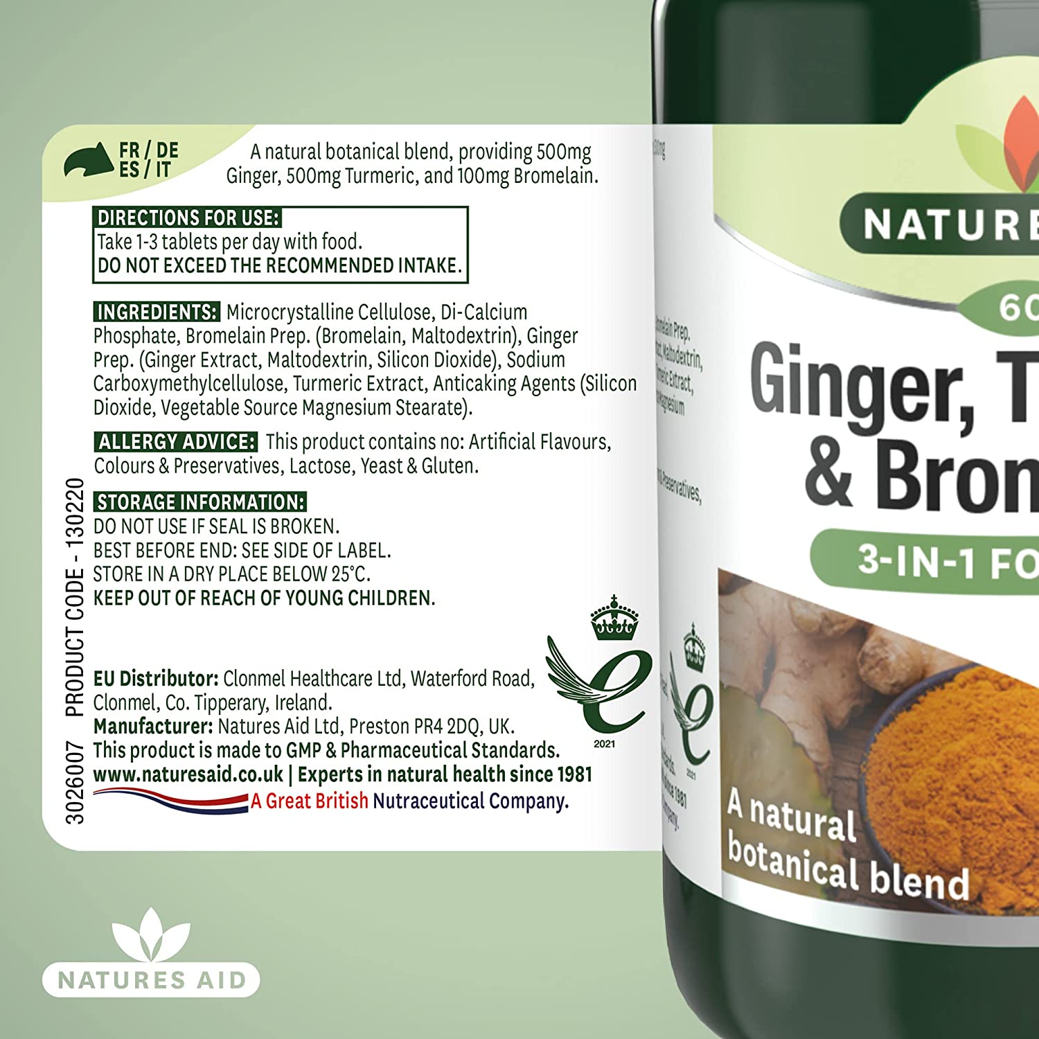 Ginger, Turmeric & Bromelain 3 - in - 1 Botanical Formula 60 Tablets - Eco Natural Products - Natures Aid - Vitamins & Supplements