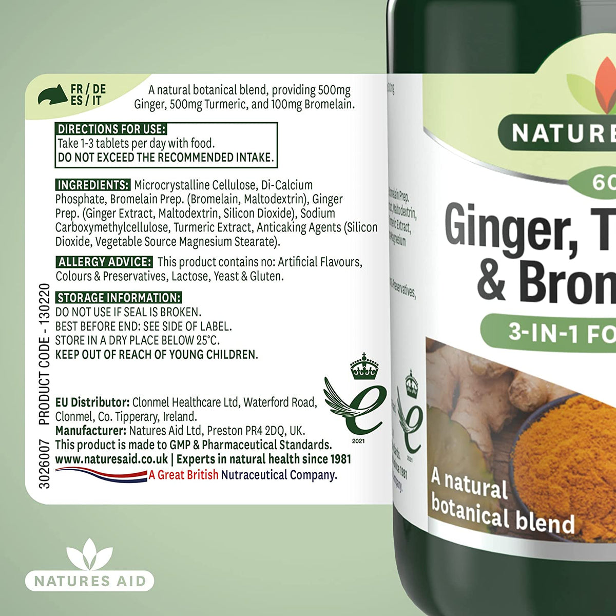 Ginger, Turmeric & Bromelain 3 - in - 1 Botanical Formula 60 Tablets - Natures Aid - Vitamins & Supplements - Eco Natural Products