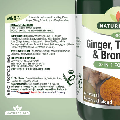 Ginger, Turmeric & Bromelain 3 - in - 1 Botanical Formula 60 Tablets - Natures Aid - Vitamins & Supplements - Eco Natural Products