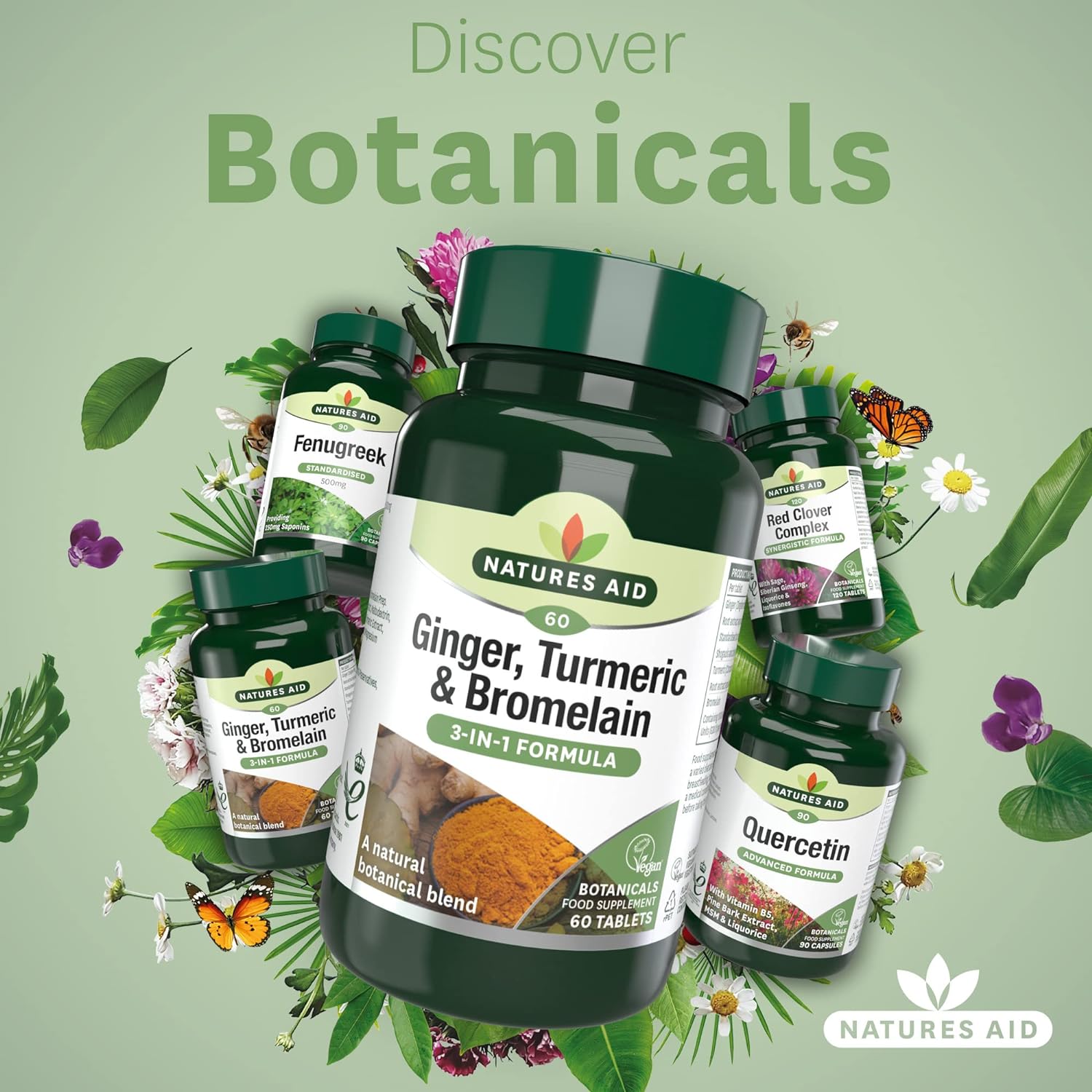 Ginger, Turmeric & Bromelain 3 - in - 1 Botanical Formula 60 Tablets - Eco Natural Products - Natures Aid - Vitamins & Supplements